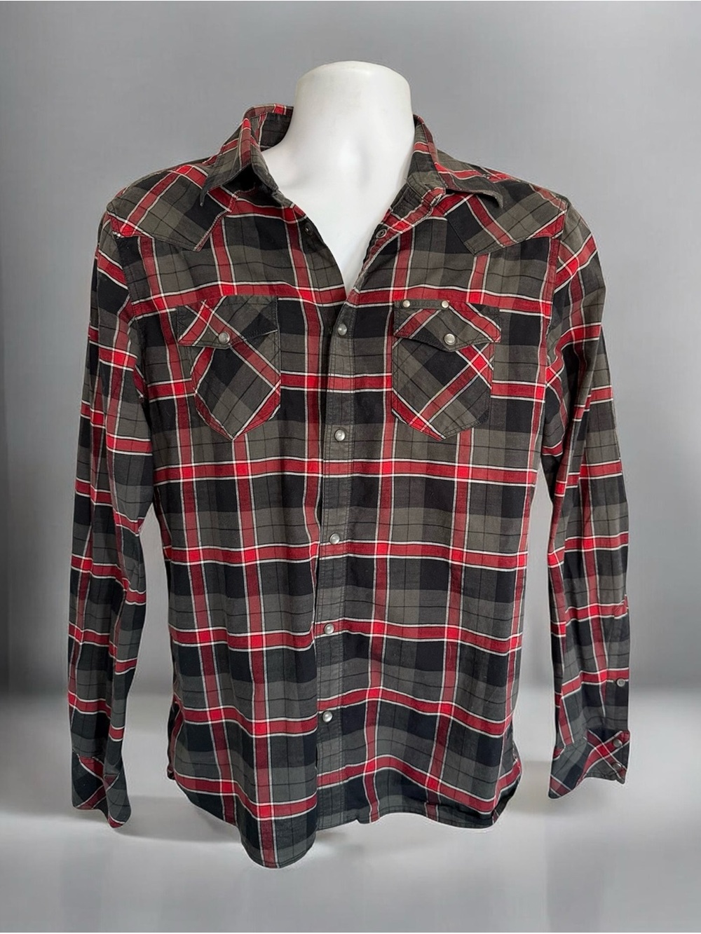 DIESEL Men's Red and Black Plaid Long-Sleeve western pearl snap Shirt